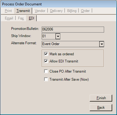 Main Menu > Purchasing > Order Entry, Process (F12), Transmit, EDI