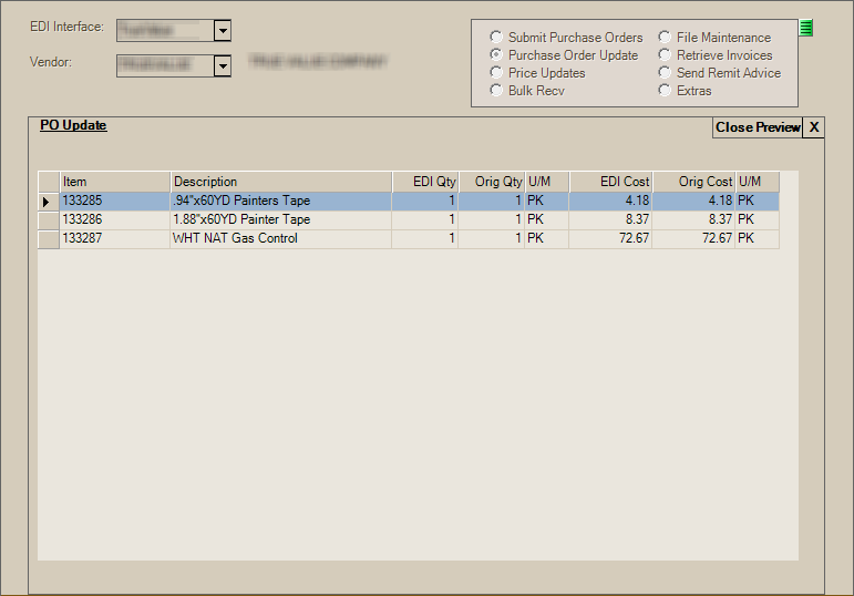 Main Menu > Purchasing > Vendor EDI, Purchase Order Update